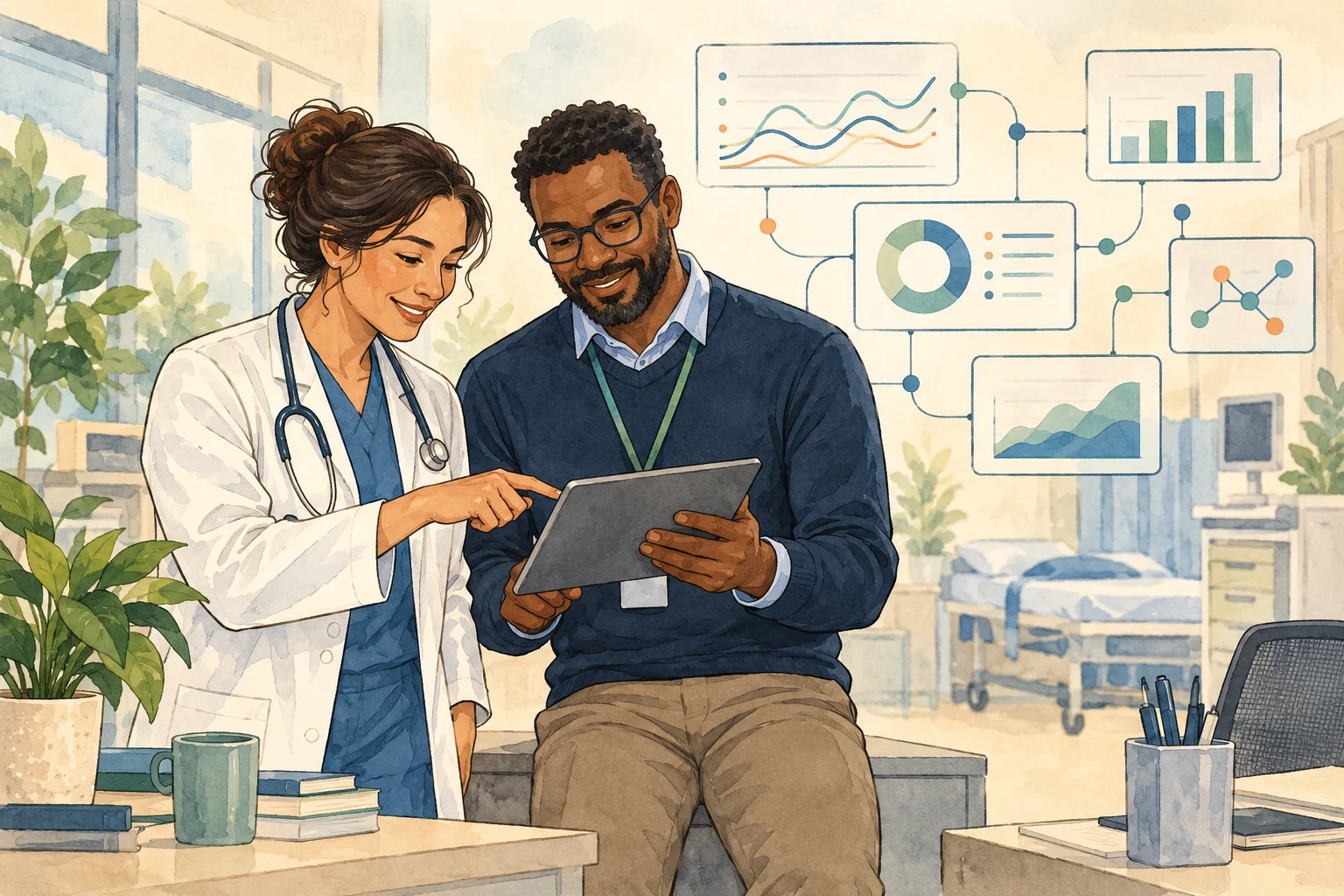 Editorial illustration of a clinician and healthcare data specialist reviewing connected systems